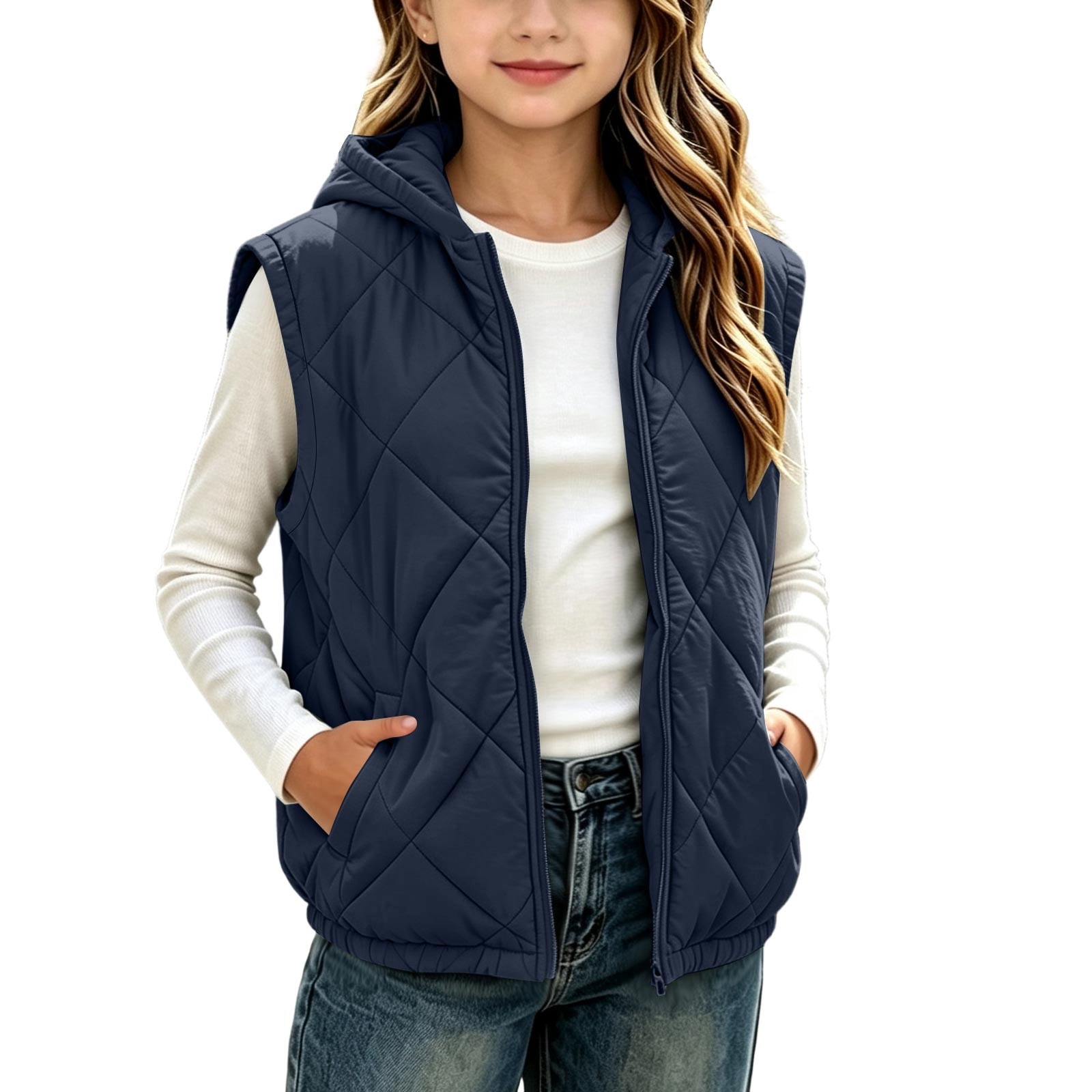 Stictch Fall Kukoosong Girls' Hooded Quilted Vest, Full Zip Sleeveless Diamond ...