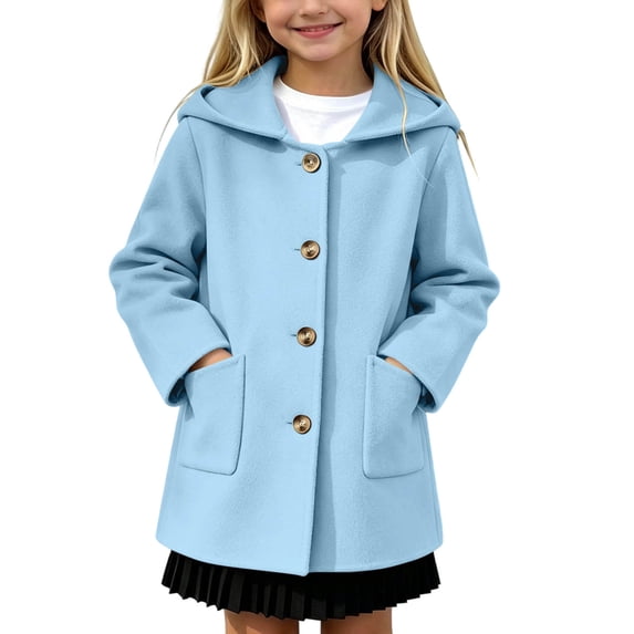 Kukoosong Girls' Hooded Wool Blend Coat, Single Breasted Button Down Long Sleeve Mid Length Pea Coat with Pockets, Loose Fit Warm Outerwear for Toddler Little Kids Fall Winter