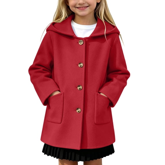 Kukoosong Girls' Hooded Wool Blend Coat, Single Breasted Button Down Long Sleeve Mid Length Pea Coat with Pockets, Loose Fit Warm Outerwear for Toddler Little Kids Fall Winter