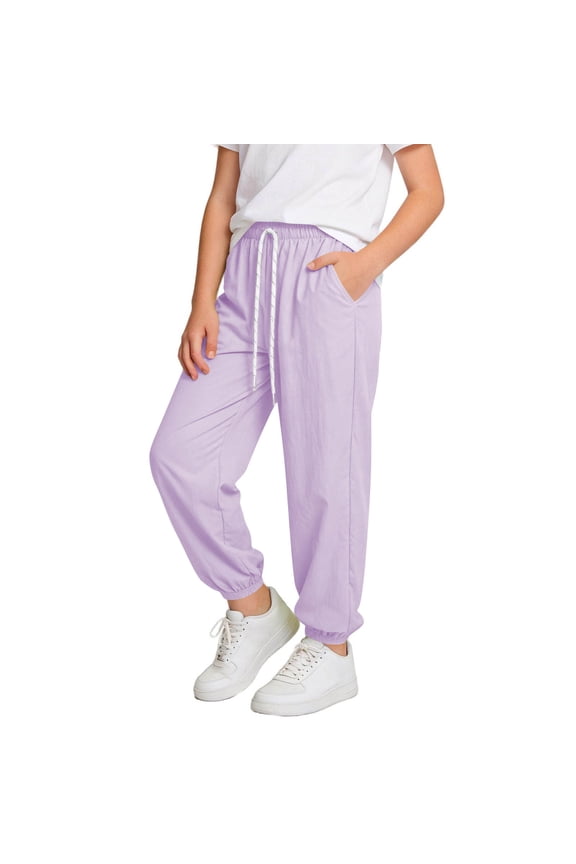 Girls' Lightweight Jogger Pants with Pockets, Drawstring Waist Casual Trousers for Kids, Elastic Cuff Summer Cool Mosquito Proof Pants