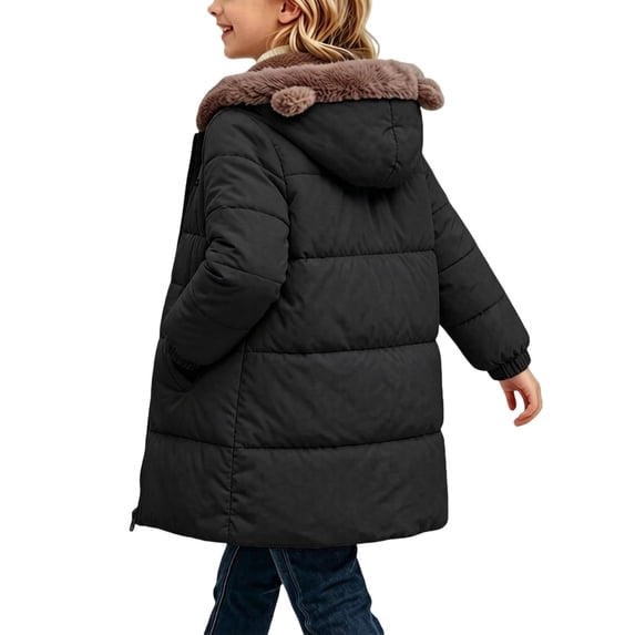 Kukoosong Girls Long Hooded Puffer Coat, Sherpa Hood Full‑Zip Quilted Mid‑Length Padded Jacket with Pockets, Fall Winter Windproof Warm Outerwear for School Outdoor Snow and Daily Wear