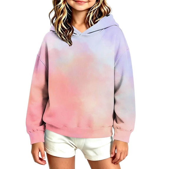 Kukoosong Girls Ombre Tie Dye Pullover Hoodie, Long Sleeve Drop Shoulder Loose Fleece Hooded Sweatshirt, Gradient Color Casual Fashion Hoodie for Kids Fall Winter School Daily Layering Outfits