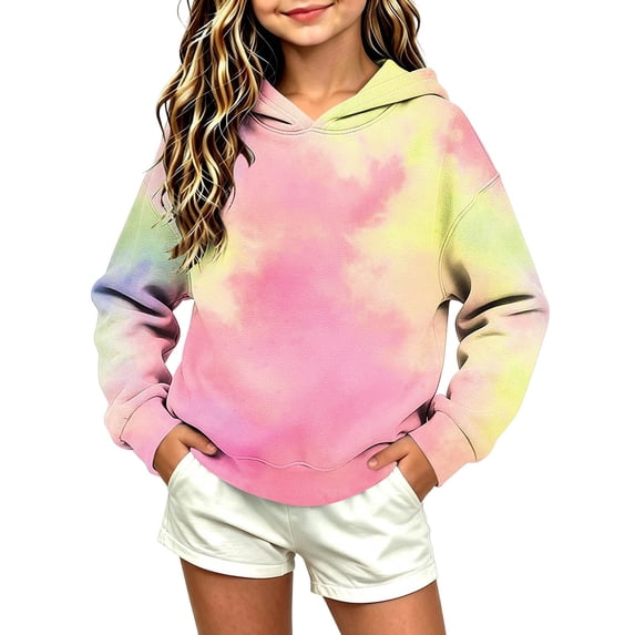 Kukoosong Girls Ombre Tie Dye Pullover Hoodie, Long Sleeve Drop Shoulder Loose Fleece Hooded Sweatshirt, Gradient Color Casual Fashion Hoodie for Kids Fall Winter School Daily Layering Outfits