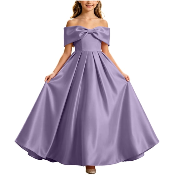 Kukoosong Girls Off Shoulder Big Bow Satin Maxi Dress, Flared Long Skirt Evening Maxi Dress, A-Line Puffy Floor Length Princess Gown for Flower Girl Wedding, Birthday Party