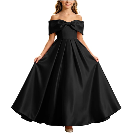 Kukoosong Girls Off Shoulder Big Bow Satin Maxi Dress, Flared Long Skirt Evening Maxi Dress, A-Line Puffy Floor Length Princess Gown for Flower Girl Wedding, Birthday Party