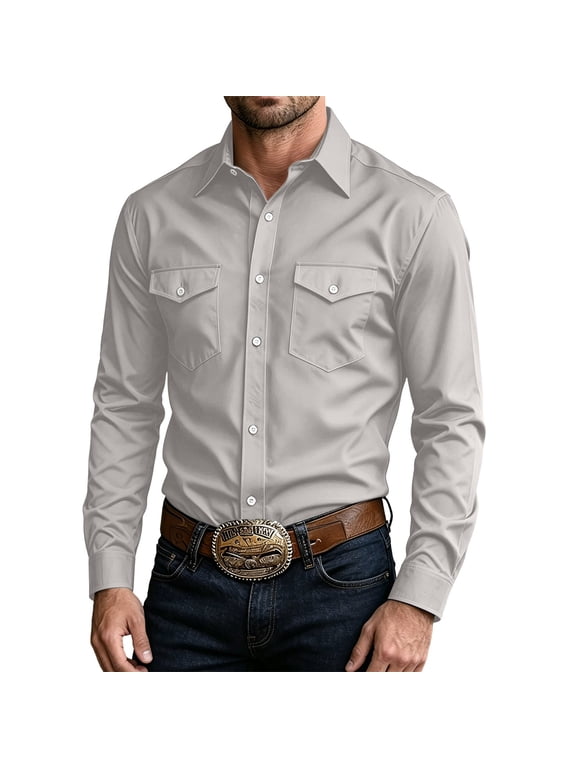 Men Western Button Down Shirts, Solid Color Point Collar Long Sleeve Shirts, Casual Workwear Tops with Dual Chest Flap Pockets for Daily Outdoor Wear