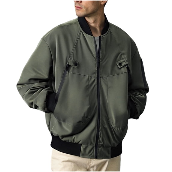 Kukoosong Men's Bomber Jacket Fashion Solid Color Long-Sleeve Cardigan Lapel Stand-Up Collar Workwear Jacket