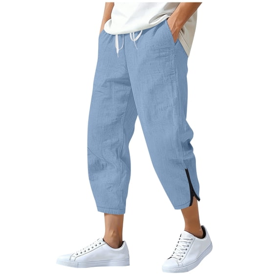 Kukoosong Men's Casual Capri Pants, Elastic Drawstring Waist 7/8 Length Cropped Trousers with Zipper Pockets, Lightweight Comfort Fit Summer Straight Leg Pants