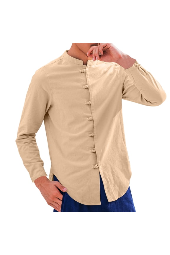 Men's Casual Long Sleeve Band Collar Button Down Shirt Solid Color Polyester Comfort Fit Men Business Casual Button Down Shirts