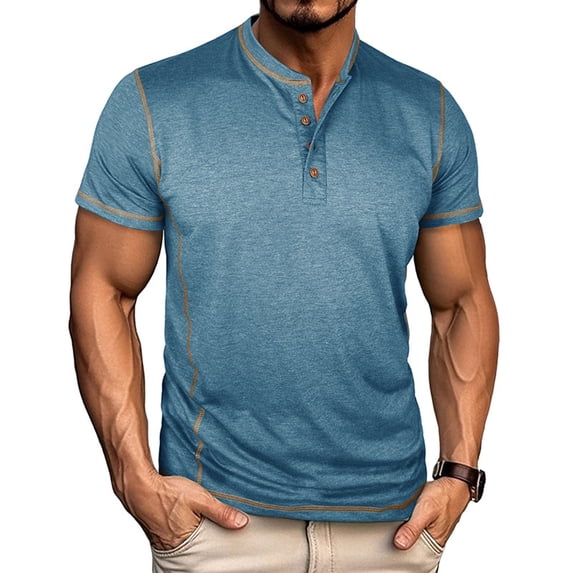 Kukoosong Men's Casual Short Sleeve Crew Neck Solid Patchwork Henley T-Shirt with Button Front Men Stylish Casual Henley Shirts
