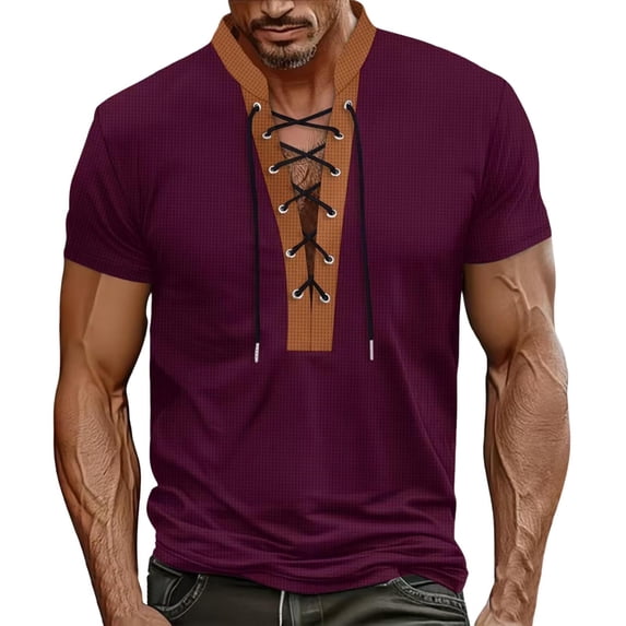 Kukoosong Men's Casual V-Neck Short Sleeve Waffle Knit T-Shirt with Chest Lanyard Men T-Shirts Casual Workout Tops