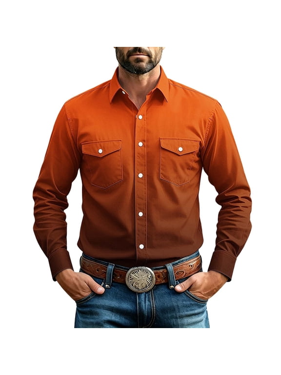 Men's Classic Cowboy Pearl Snap Shirt, Gradient Color Long Sleeve Button Down Shirts Front with Two Chest Pockets for Ranch Outdoor