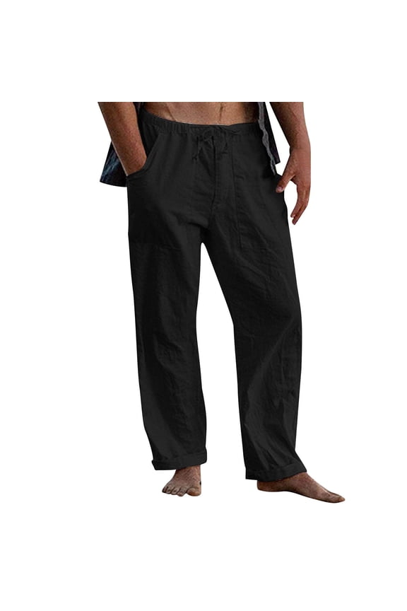 Men's Cotton Linen Pants, Elastic Drawstring Waist Loose Trousers with Pockets, Full Length Casual Pants for Daily Wear Vacation