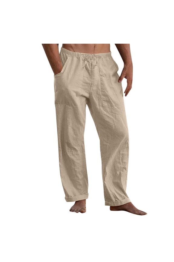 Men's Cotton Linen Pants, Elastic Drawstring Waist Loose Trousers with Pockets, Full Length Casual Pants for Daily Wear Vacation