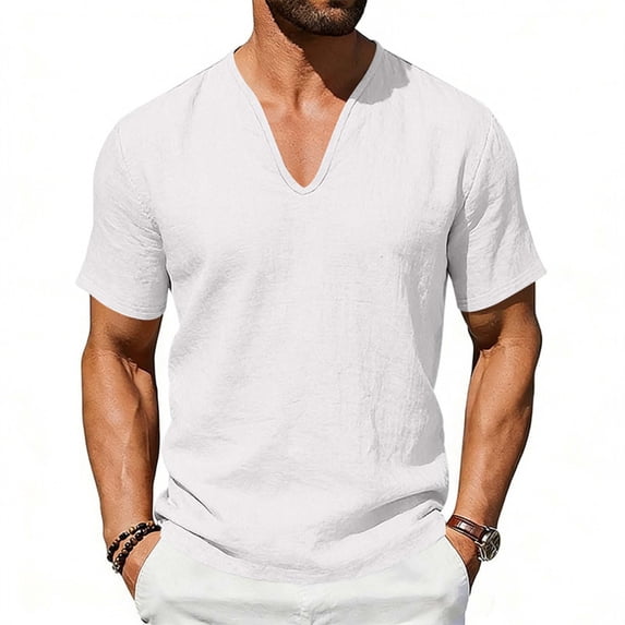 Kukoosong Men's Deep V-Neck Linen T-Shirts Solid Color Short Sleeve Pullover for Summer Casual, and Relaxed Tee Shirt for Men