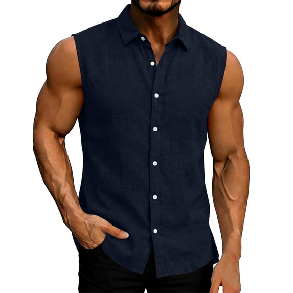 Kukoosong Men's Hawaiian Sleeveless Shirt Solid Color Collared Linen Button-Up Beach Blouse for Summer Office, Casual and Shirts for Men
