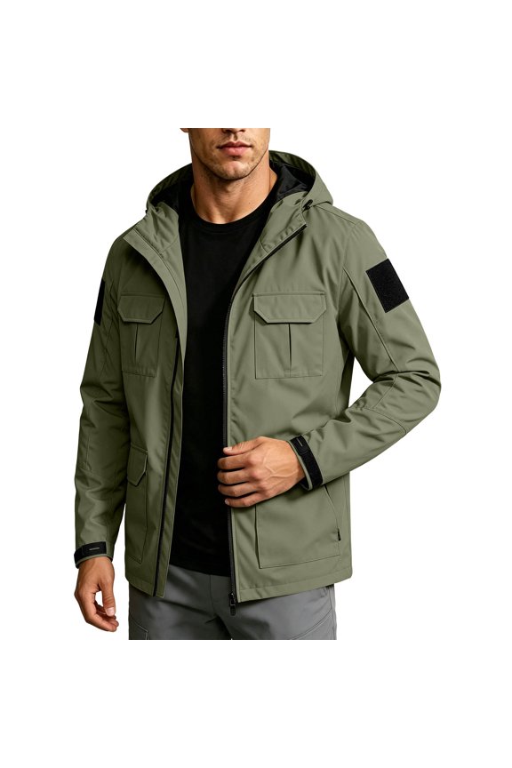 Men's Hooded Cargo Pockets Jacket, Full Zip Long Sleeve Multi Windproof Lightweight Jacket, Utility Work Outerwear with Hook and Loop Patch for Outdoor Hiking Travel