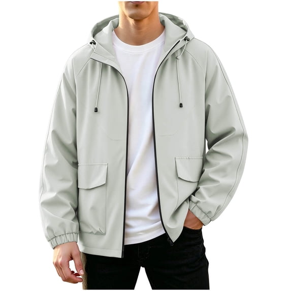 Kukoosong Men's Hooded Full Zip Lightweight Jacket, Spring Casual Loose Fit Outerwear, Long Sleeve Drawstring Flap Pocket Windbreaker for Daily Commute