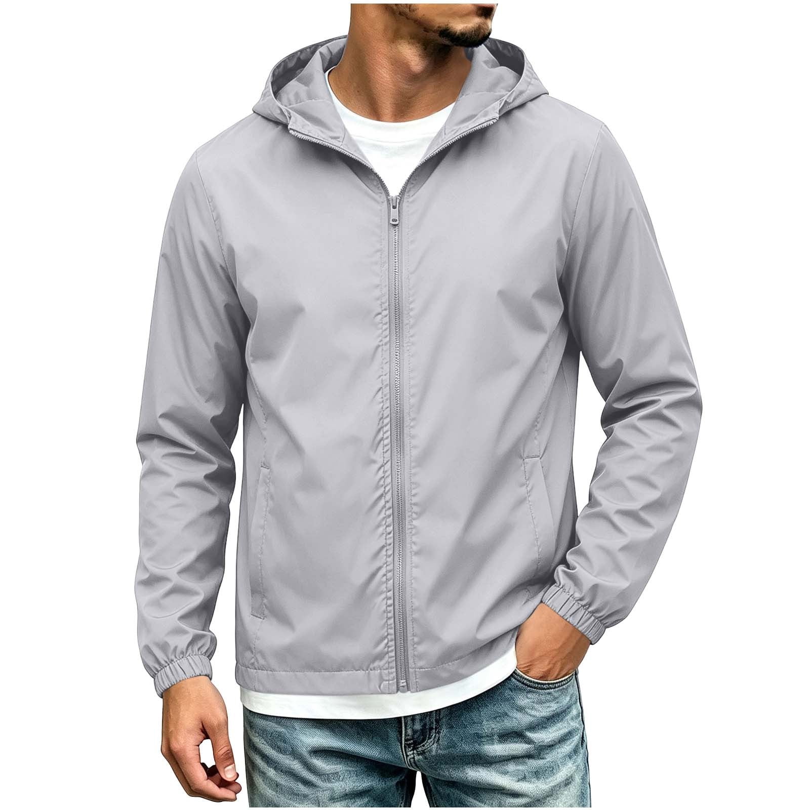 Kukoosong Men's Hooded Full Zip Windbreaker Jacket, Solid Long Sleeve ...