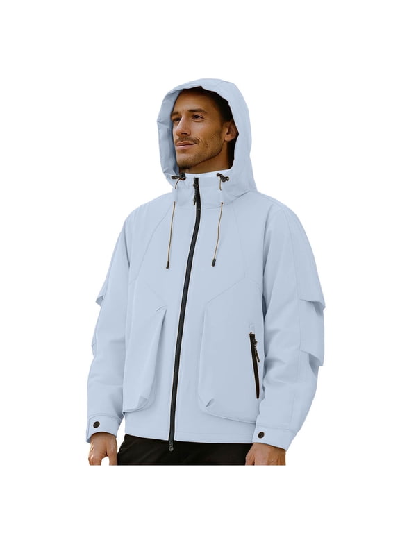 Men's Hooded Softshell Jacket Waterproof Lightweight Windbreaker Outdoor Climb Workwear Jacket with Multiple Pockets