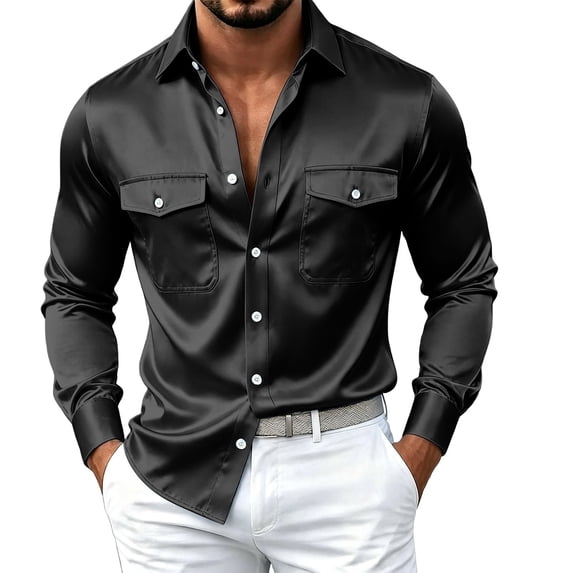 Kukoosong Men's Lapel Collar Button‑Down Satin Dress Shirt, Regular Fit Long Sleeve Formal Tops with Dual Chest Pockets, Wrinkle Resistant Shirt for Business Party Prom Wear