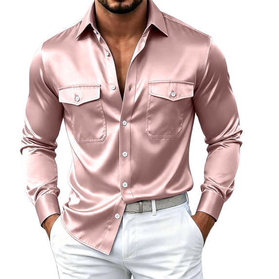 Kukoosong Men's Lapel Collar Button‑Down Satin Dress Shirt, Regular Fit Long Sleeve Formal Tops with Dual Chest Pockets, Wrinkle Resistant Shirt for Business Party Prom Wear
