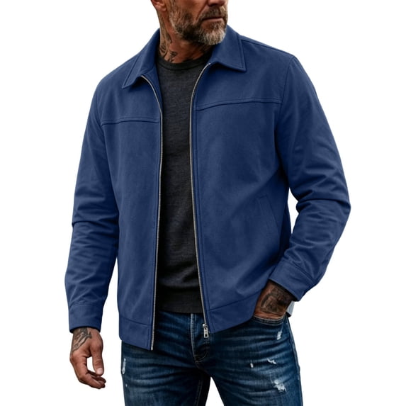 Kukoosong Men's Lapel Collar Suede Jacket, Long Sleeve Full Zip Lightweight Casual Bomber Coat with Side Pockets, Fall Winter Solid Color Slim Fit Business Daily Outerwear