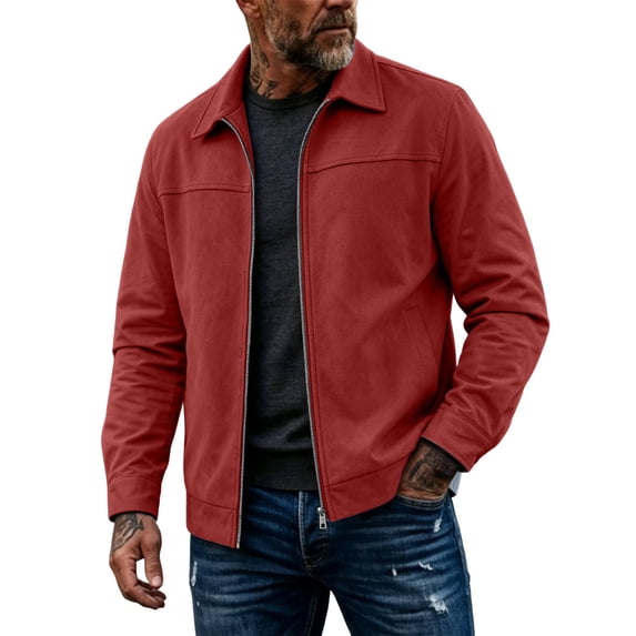 Kukoosong Men's Lapel Collar Suede Jacket, Long Sleeve Full Zip Lightweight Casual Bomber Coat with Side Pockets, Fall Winter Solid Color Slim Fit Business Daily Outerwear