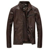 Kukoosong Men's Leather Biker Jacket Vintage Zipper Stand-Up Collar PU Leather Motorcycle Jacket