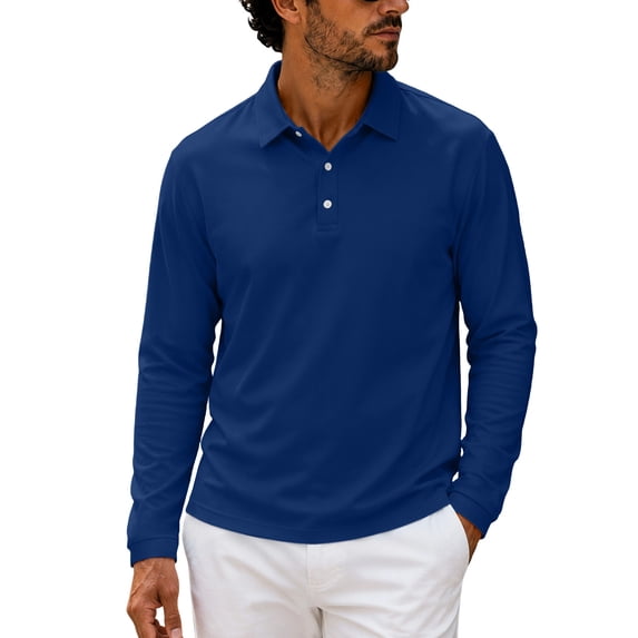 Kukoosong Men's Long Sleeve Polo Shirts, Classic Collar 3 Button Golf Pullover Tops, Solid Color Casual Business Athletic Shirts