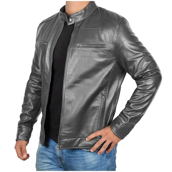 Kukoosong Men's Motorcycle Jacket Windproof Lapel Collar Zipper Retro PU Leather Jacket