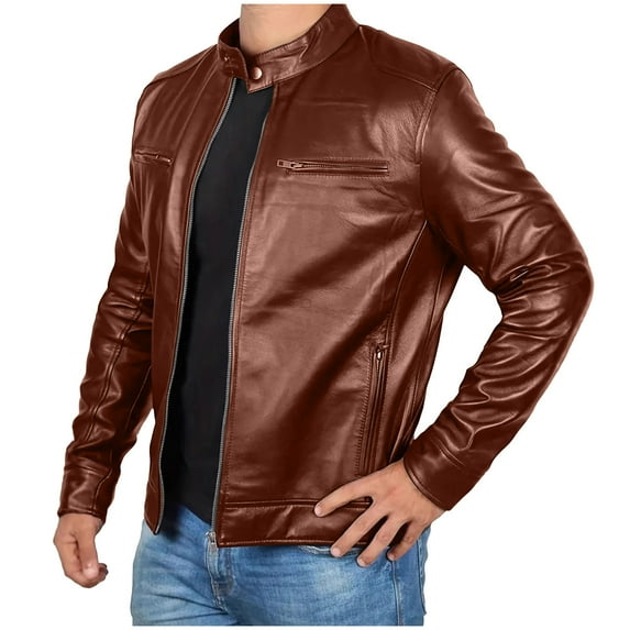 Kukoosong Men's Motorcycle Jacket Windproof Lapel Collar Zipper Retro PU Leather Jacket