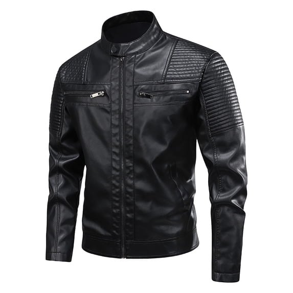 Kukoosong Men's Motorcycle Jacket Windproof Stand-Collar Zipper Matte Leather Jacket