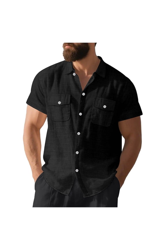 Men's Pocket Cardigan Style Shirt Solid Color Short Sleeve Collared Button-Up Blouse for Summer Office, Functional and Stylish Shirts for Men