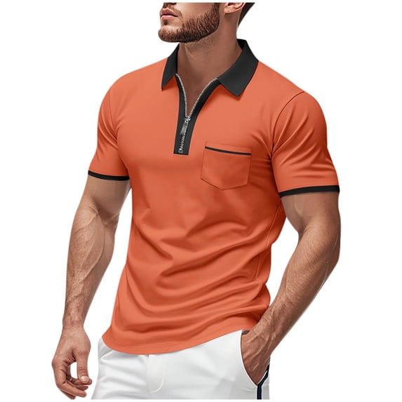 Kukoosong Men's Short Sleeve Polo Shirt with Zipper Lapel and Pocket, Casual Office Wear, Summer Comfort Fit Breathable Fabric Men Golf T Shirt Casual Workout Tops