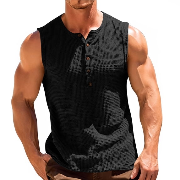 Kukoosong Men's Slim Fit Solid Color Button-Down Tank Top with Flat Collar for Casual Summer Wear Men's Tank Tops