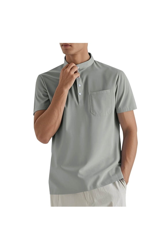 Men's Solid Color Casual Loose Fit Short Sleeve Henley Shirt with Button Placket and Chest Pocket, Breathable Fabric Men Stylish Casual Henley Shirts