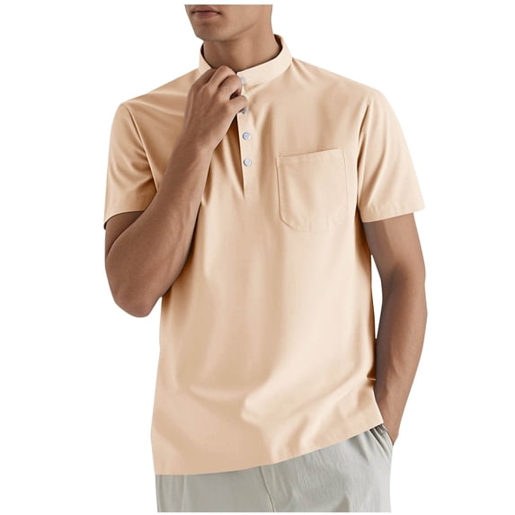 Kukoosong Men's Solid Color Casual Loose Fit Short Sleeve Henley Shirt with Button Placket and Chest Pocket, Breathable Fabric Men Stylish Casual Henley Shirts