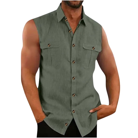 Kukoosong Men's Solid Color Linen Sleeveless Button-Up Shirt with Lapel Pocket, Hawaiian Beach and Office Casual Tank Top Men Button Down Tank Tops
