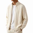 thumbnail image 1 of Kukoosong Men's Stand Collar Full Zip Cable Knit Cardigan, Solid Color Long Sleeve Sweater Jacket with Ribbed Cuffs, Relaxed Fit Warm Outerwear for Fall Winter Daily Wear, 1 of 7