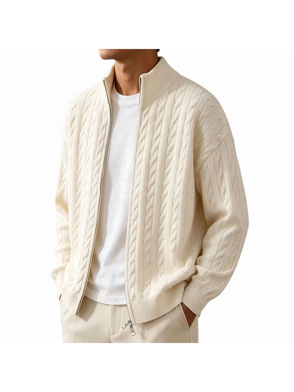 Men's Stand Collar Full Zip Cable Knit Cardigan, Solid Color Long Sleeve Sweater Jacket with Ribbed Cuffs, Relaxed Fit Warm Outerwear for Fall Winter Daily Wear