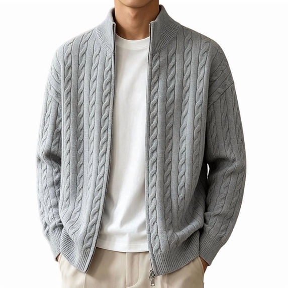Kukoosong Men's Stand Collar Full Zip Cable Knit Cardigan, Solid Color Long Sleeve Sweater Jacket with Ribbed Cuffs, Relaxed Fit Warm Outerwear for Fall Winter Daily Wear