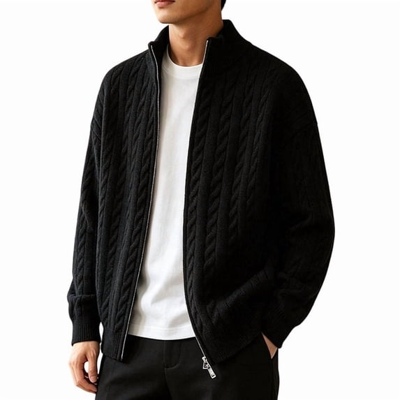 Kukoosong Men's Stand Collar Full Zip Cable Knit Cardigan, Solid Color Long Sleeve Sweater Jacket with Ribbed Cuffs, Relaxed Fit Warm Outerwear for Fall Winter Daily Wear