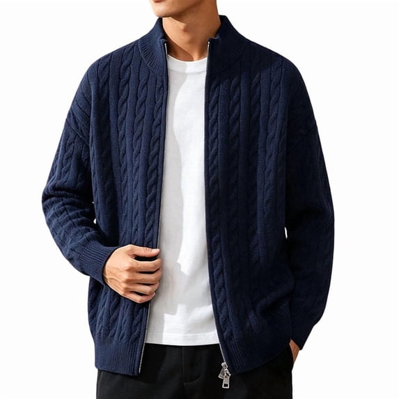 Kukoosong Men's Stand Collar Full Zip Cable Knit Cardigan, Solid Color Long Sleeve Sweater Jacket with Ribbed Cuffs, Relaxed Fit Warm Outerwear for Fall Winter Daily Wear