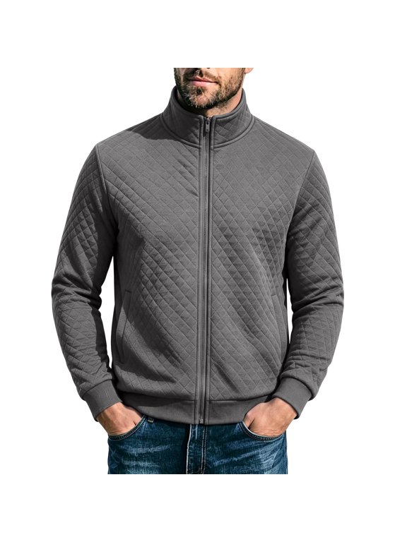 Men's Stand Collar Quilted Full Zip Jacket, Long Sleeve Diamond Pattern Casual Coat with Side Pockets and Ribbed Cuffs for Spring Fall Wear