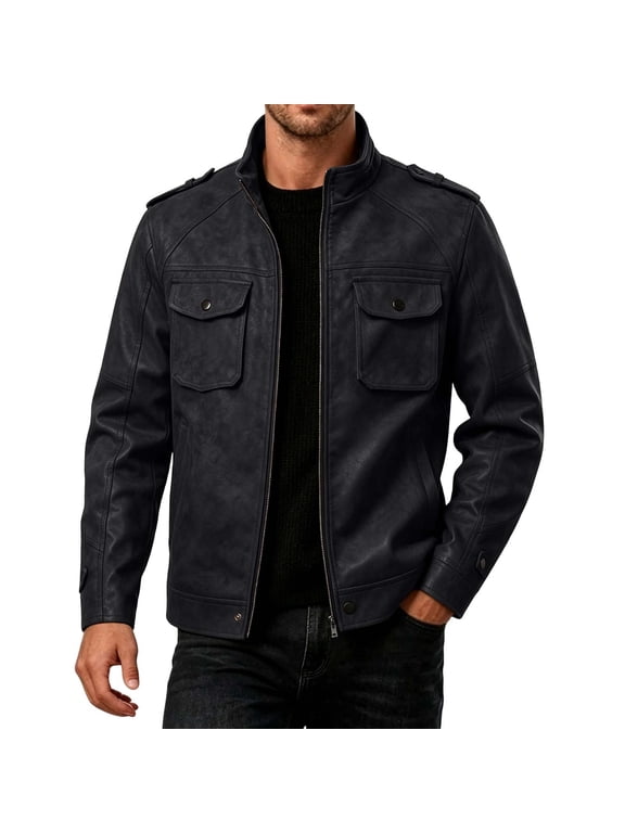 Men's Stand Collar Shoulder Strap Faux Leather Jacket, Fall Winter Regular Fit Suede Outerwear, Long Sleeve Multi Pocket Moto Coat for Street Outings