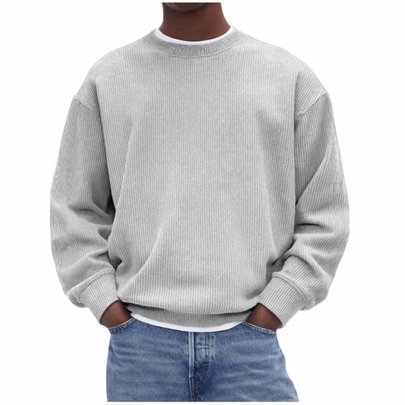 Kukoosong Men's Casual Ribbed Crew Neck Long Sleeve Sweatshirt, Loose Comfy Corduroy Pullover Top for Fall Streetwear
