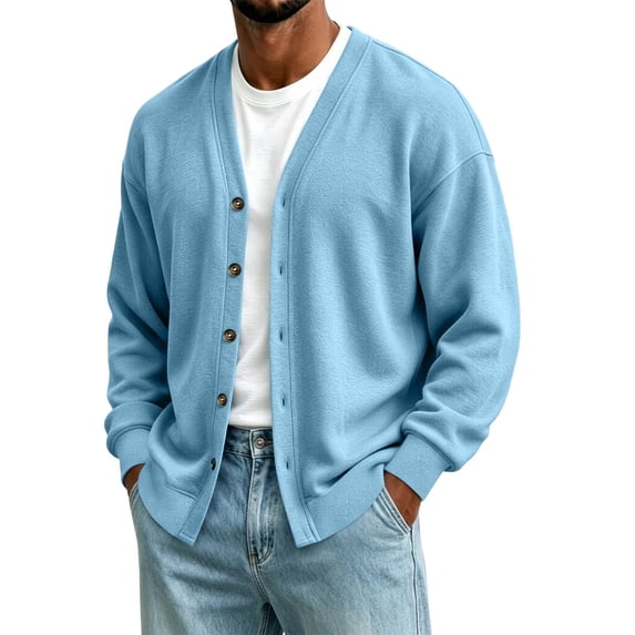 Kukoosong Men's V Neck Button Down Cardigan, Spring Casual Loose Fit Outerwear, Long Sleeve Pocket Lightweight Knit Sweater Cardigan for Daily Commute