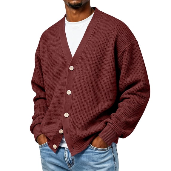 Kukoosong Men's V Neck Knit Cardigan, Fall Casual Loose Fit Outerwear, Long Sleeve Button Front Pocket Coat for Daily Commute