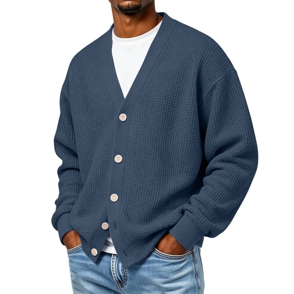 Kukoosong Men's V Neck Knit Cardigan, Fall Casual Loose Fit Outerwear, Long Sleeve Button Front Pocket Coat for Daily Commute
